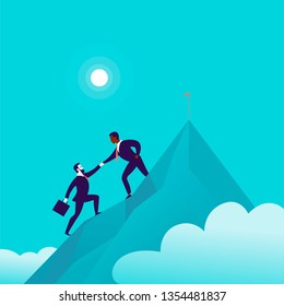 Flat illustration with business people climbing together on mountain peak top on blue clouded sky background.  