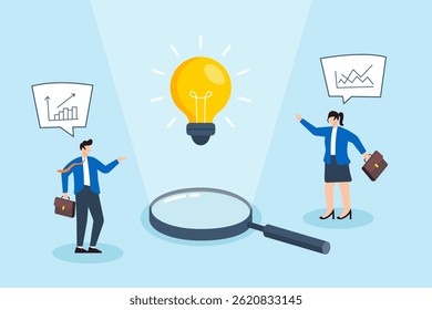 Flat illustration of business people discovering bright idea under magnifying glass spotlight teamwork innovation creativity and solution insight
