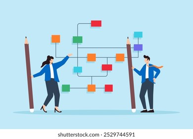 Ilustração plana do diagrama de fluxo de trabalho desenhado pelos empresários projetando o modelo para melhorar as soluções de processos de negócios