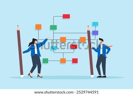 Flat illustration of business people draw workflow diagram designing model to improve business process solutions