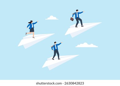 Flat illustration of business people flying on paper planes leadership direction career growth ambition achieve goal motivation and innovative success