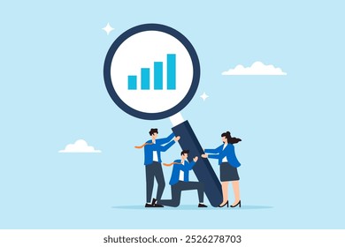 Ilustração plana de empresários seguram lentes de aumento analisando gráficos de dados para otimização de marketing