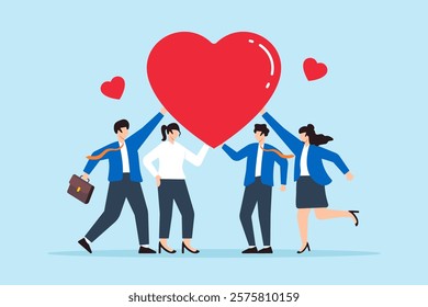 Flat illustration of business people hold large heart symbolizing gratitude and appreciation for sharing success