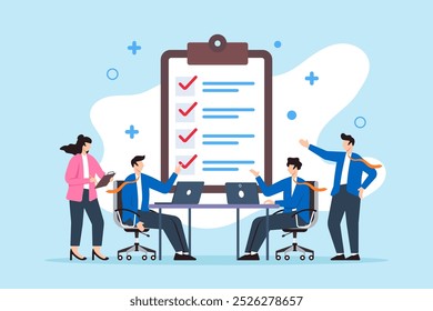 Flat illustration of business people meeting with agenda checklist discussing strategy and teamwork planning