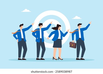 Flat illustration business people point toward same goal symbolizing share value in company culture