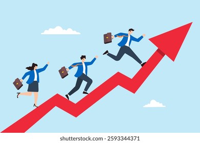 Flat illustration business people run up rising arrow symbolizing business and career growth