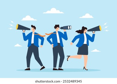 Flat illustration of business people search with binoculars and megaphone for candidates to hire in recruitment