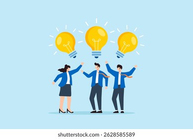 Flat illustration of business people sharing and celebrating ideas with glowing light bulbs teamwork creativity brainstorming meeting thinking innovation and knowledge in workplace