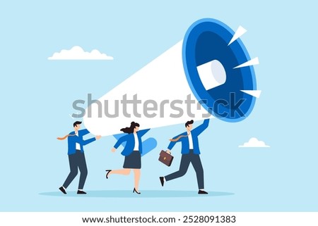 Flat illustration of business people shout on megaphone announcing marketing communications and promotions