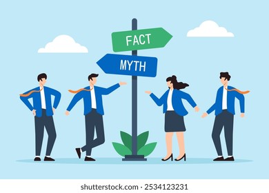 Flat illustration of business people stand at directional sign discussing fact vs myth to make right decisions