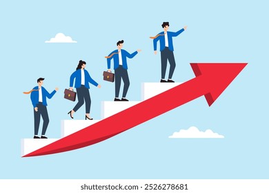 Ilustração plana de empresários subir seta de crescimento simbolizando sucesso empresarial sustentável