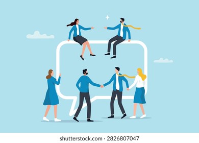 Flat illustration of business people talking, networking and building relationships around a big chat bubble, symbolizing teamwork, communication and collaboration.