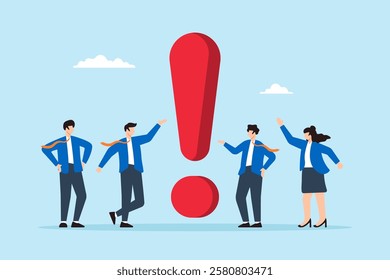 Flat illustration of business people think around giant exclamation mark symbolizing critical problem requiring attention