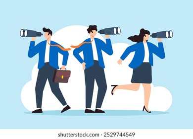 Flat illustration of business people use binoculars to search for new job opportunities inspecting for future career development