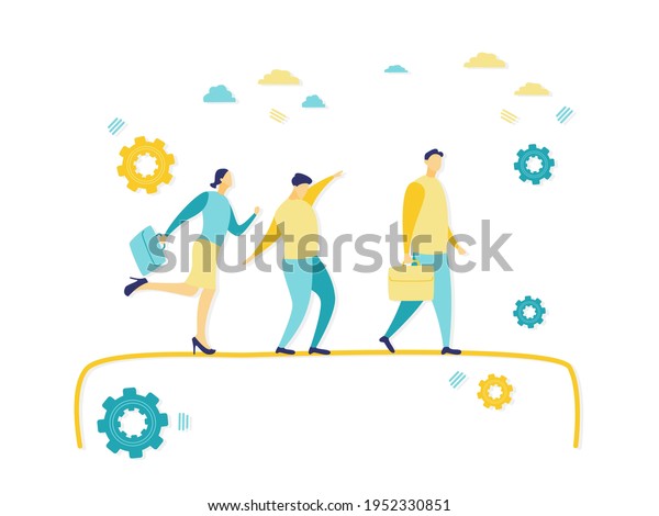 Flat illustration of business people walking on\
tight rope. Simple flat illustration with blue and yellow. Business\
and finance concepts.