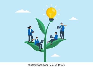 Flat illustration of business people work on growing lightbulb plant representing corporate culture and employee values