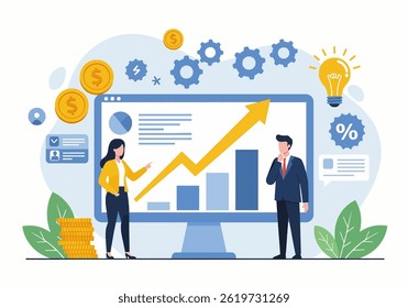 Flat illustration a business solution with professionals analyzing growth and success metrics. emphasizes business strategy and financial planning, showcasing positive trends and opportunities