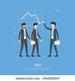 Flache Illustration Unternehmensstatistiken nach unten mit Zeichen- und Diagrammstatistiken