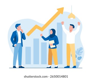 Ilustração plana do sucesso dos negócios: equipe que celebra o crescimento e a realização com um gráfico de tendência ascendente. Torcendo por resultados positivos e inovação
