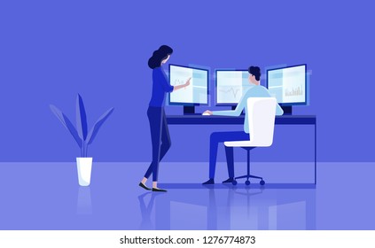 flat illustration business team analyzing financial and investment graph on dashboard monitor  concept
