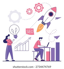 Flat illustration of a business team analyzing data and planning an SEO strategy. The scene depicts startup growth with a launching rocket, graphs, and a lightbulb idea.