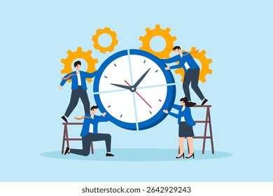 Ilustração plana da equipe de negócios montando um relógio gigante para simbolizar a produtividade do gerenciamento de tempo de trabalho em equipe e a coordenação de tarefas