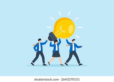Flat illustration of business team carrying glowing lightbulb together to represent teamwork creativity innovation and shared ideas