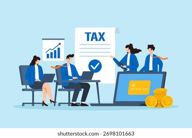 Ilustración plana del equipo de negocios que colabora para administrar el documento fiscal y el pago en línea del Enviar utilizando el gráfico de la tableta del ordenador portátil y las monedas para la planificación financiera