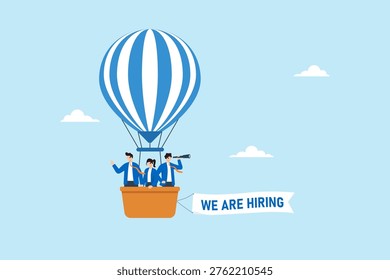 Flat illustration of business team flying hot air balloon with we are hiring banner symbolizing recruitment job vacancy talent search candidate hunting and hiring announcement