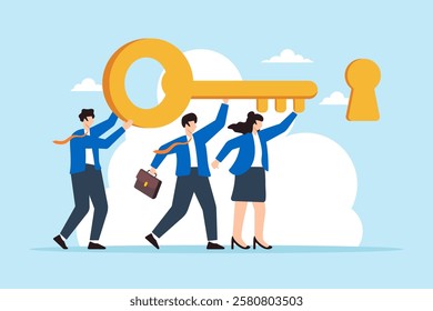 Flat illustration of business team help carry golden key and push into keyhole symbolizing teamwork unlocking success