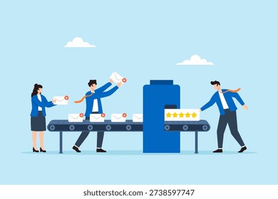 Flat illustration of business team processing customer review envelopes on conveyor belt with five star rating feedback system
