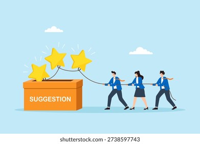 Flat illustration of business team pulling feedback star from suggestion box using rope for collaborative performance review improvement