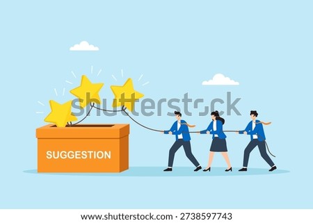 Flat illustration of business team pulling feedback star from suggestion box using rope for collaborative performance review improvement