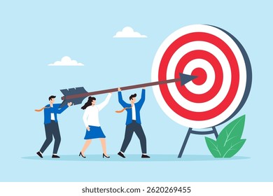 Flat illustration of business team pushing giant arrow to hit bullseye target for corporate mission and team success