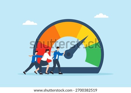 Flat illustration of business team pushing performance rating gauge to increase employee survey score measuring productivity engagement and risk management performance level