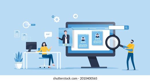 flat illustration business team research people Profile for job hiring and online interview with video conference meeting concept