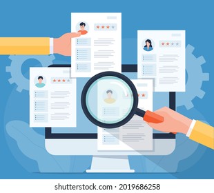 flat illustration business team research people Profile for job hiring and online interview with video conference meeting concept