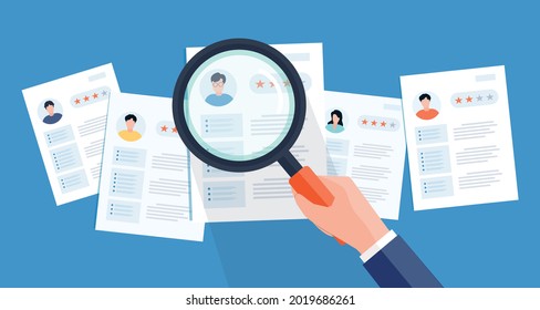 flat illustration business team research people Profile for job hiring and online interview with video conference meeting concept