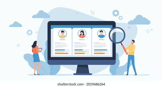 flat illustration business team research people Profile for job hiring and online interview with video conference meeting concept