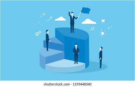 A flat illustration of a business team standing on top of a three-dimensional graph, vector illustration.