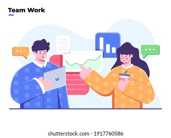 Ilustración plana del proceso de trabajo en equipo de Business, discusión en equipo y resolución de un problema, Discusión e intercambio de ideas en equipo, analizador de datos, colaboración en equipo de trabajo, discusión en inicio.