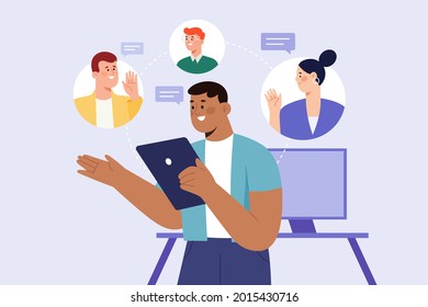 Flat illustration of business video conference or meeting. Man holding digital tablet and communicating with colleagues seen in closeup circles.