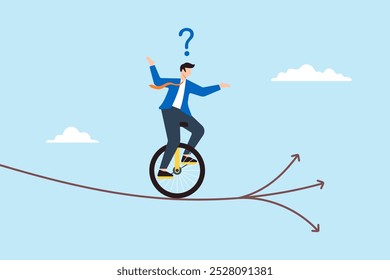 Flat illustration of businessman acrobat with one wheel bicycle chooses direction at crossroad symbolizing career decision-making