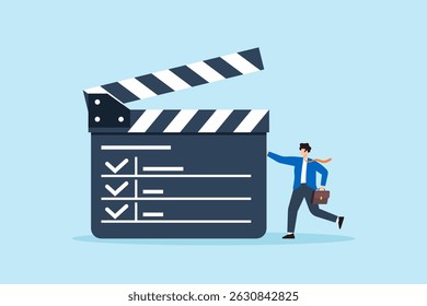Ilustração plana de empresário com plano de ação clapperboard checklist planejamento estratégico execução produtividade e gerenciamento de fluxo de trabalho em projetos de negócios