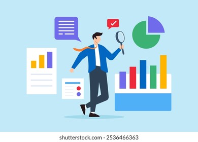 Flat illustration of businessman analyze data with magnifying glass examining chart report optimization marketing financial insight analytic information