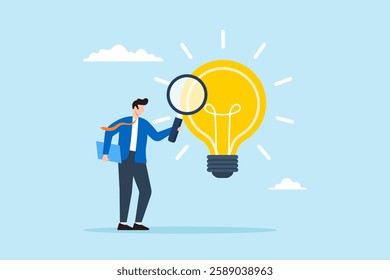 Flat illustration businessman analyze glowing lightbulb idea with magnifier checking and validate business viability