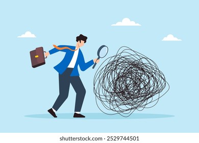 Flat illustration of businessman analyzes mess line with magnifying glass searching for root causes and solutions