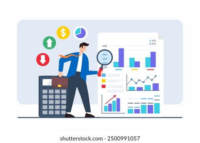 Flat illustration of businessman analyzing documents with numbers graphs and charts to uncover answers