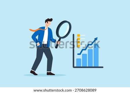 Flat illustration of businessman analyzing growth bar chart with magnifying glass for market analysis