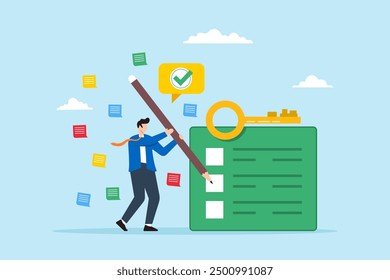 Flat illustration of businessman analyzing problems creating effective solutions writing key points and surrounded by notes or sticky pads